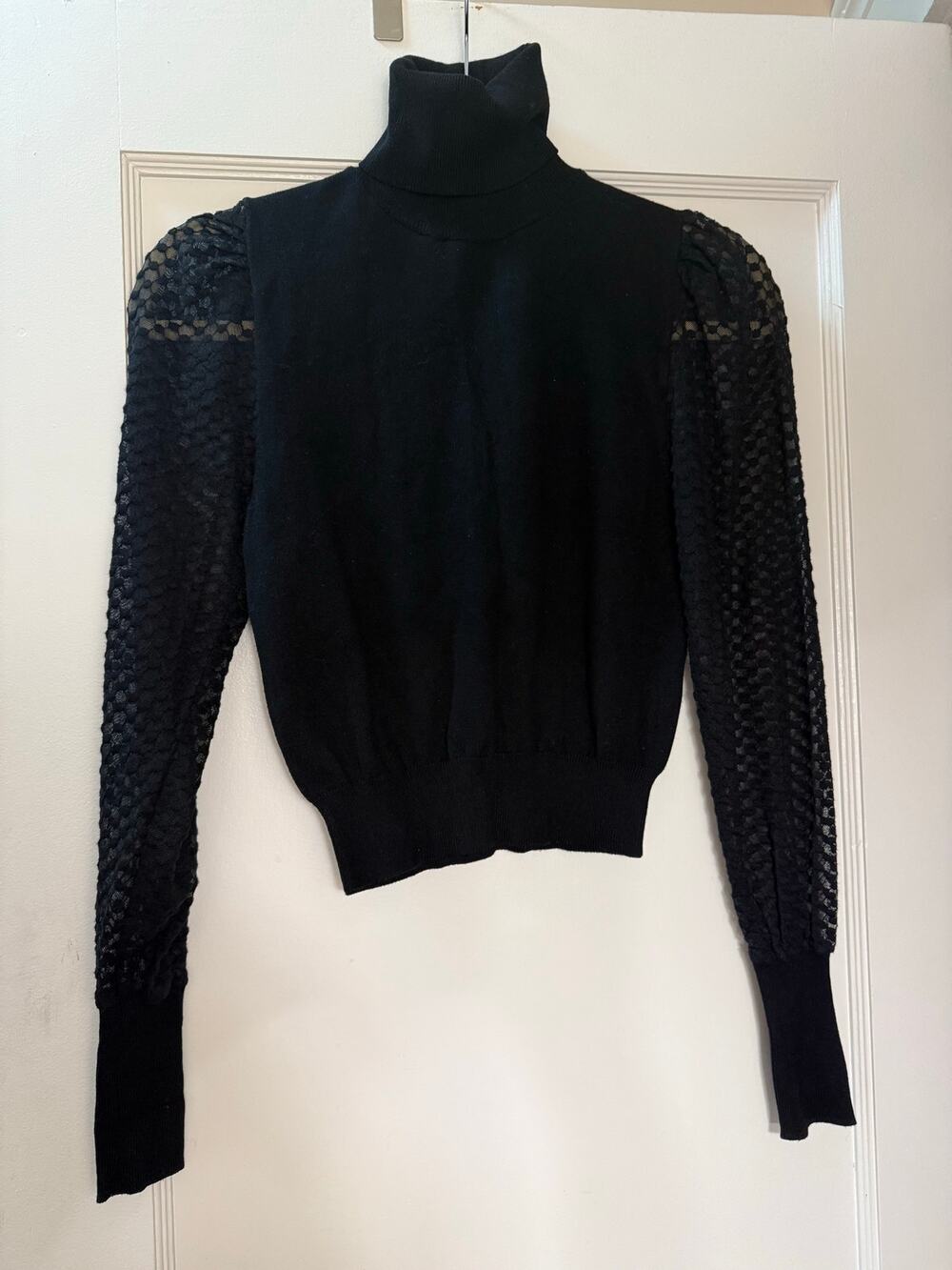 ZARA Black Turtleneck Sweater Sheer Dotted Mesh Lace Puff Sleeve Knit Top Size M